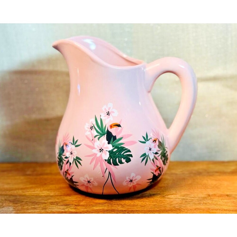 Vtg Porcelain Hand painted Ceramic Tropical Toucan Parrot Pitcher Jug Lg 7.5"